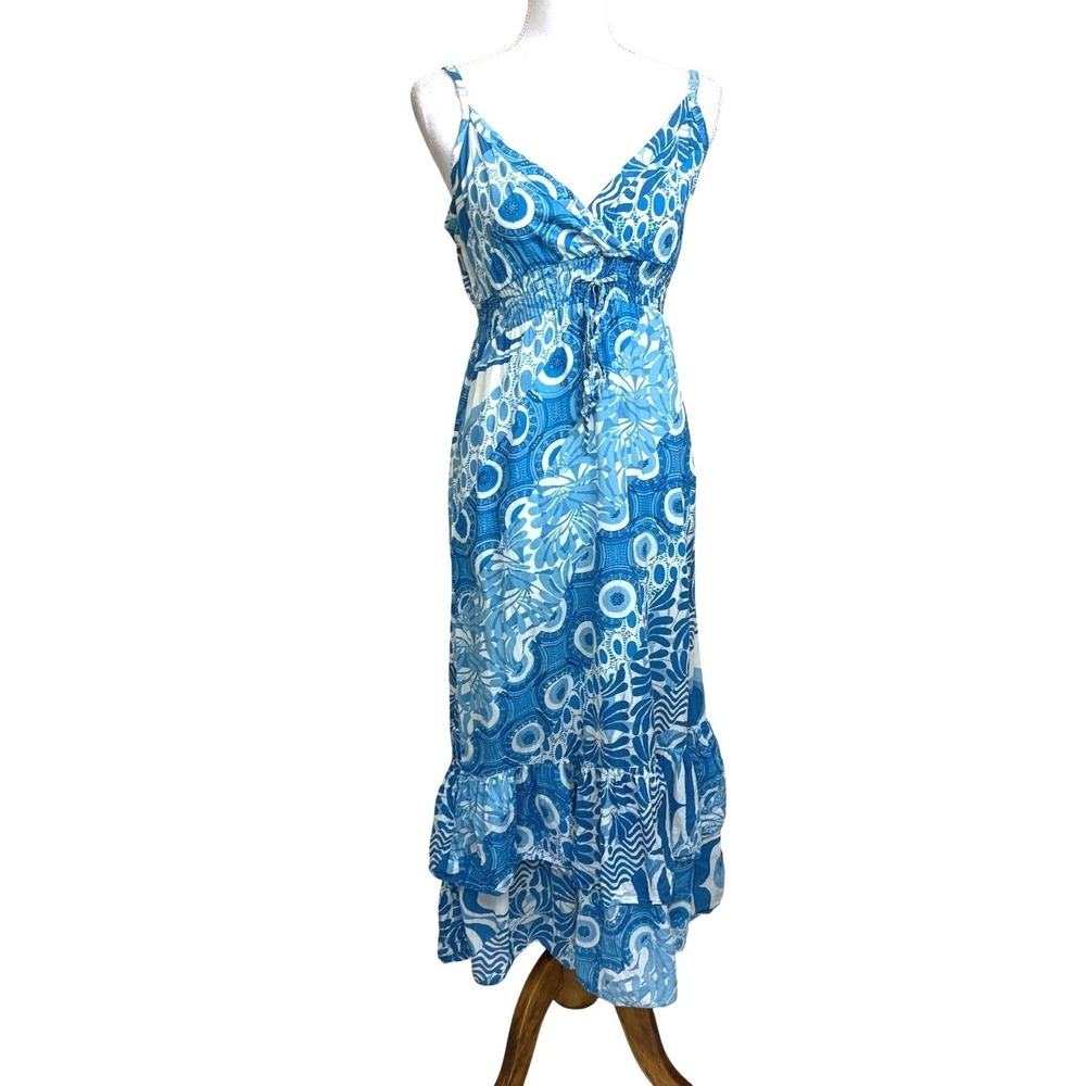 Chaudry CK Blue White Cotton Maxi Dress Size M Resort Tropical Vacation Boho